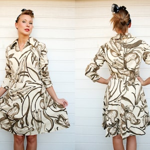 Vintage Cream and Brown Floral Print Wool Long Sleeve Shirtdress