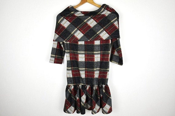 Vintage Plaid Knit Drop Waist Cowl Neck Mini Dress - image 1