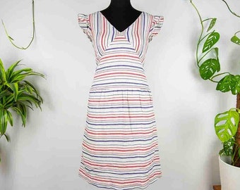 Vintage Striped Cotton Cap Sleeve Midi Dress