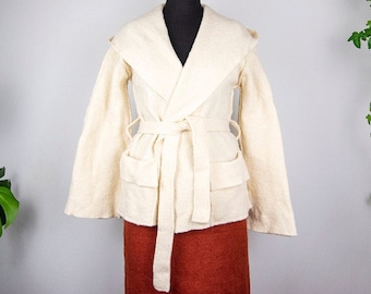 Vintage Off White Hooded Belted Bell Sleeve Wrap Jacket