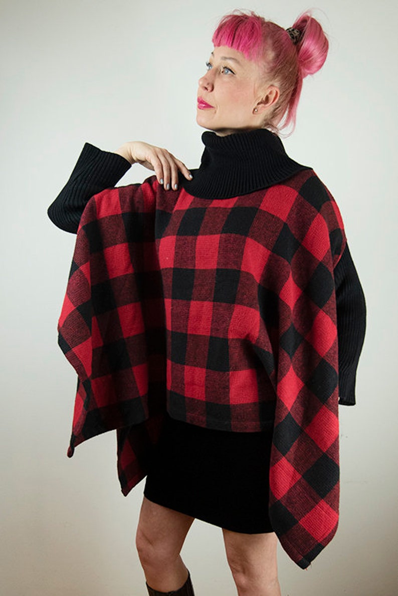 Vintage Red Buffalo Plaid Poncho Jacket image 4