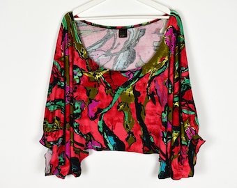 Vintage Colorful Abstract Floral Print Oversized Crop Top Boxy Blouse