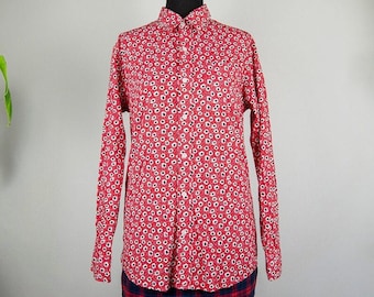 Vintage Red and White Floral Long Sleeve Button Up Blouse