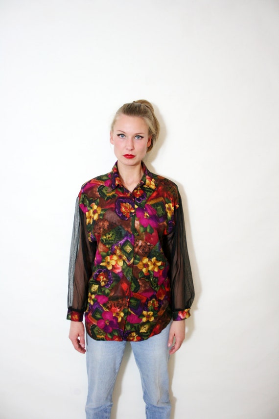 Vintage Floral Sheer Sleeve Button up 