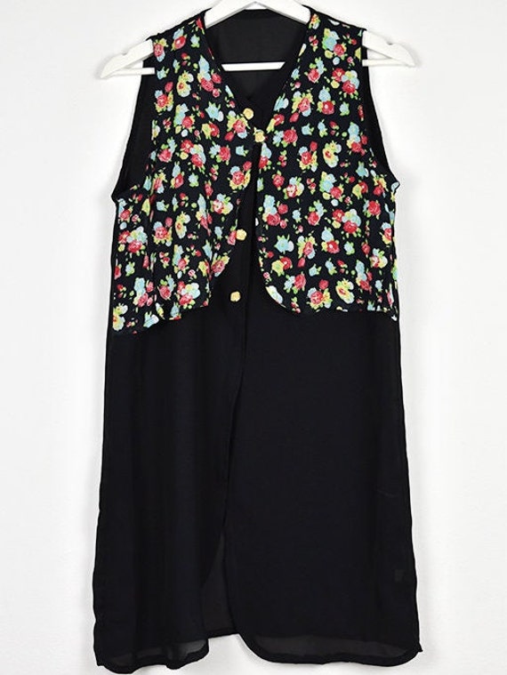 Vintage Sheer Black and Floral Vest Layered Sleev… - image 6