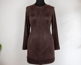 Vintage Brown Stretchy Faux Suede Long Sleeve Fitted Mini Dress