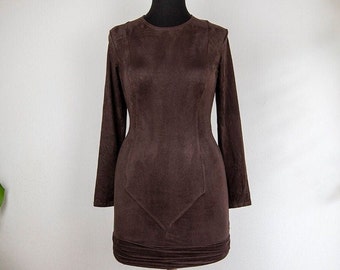 Mini robe ajustee marron en faux daim extensible a manches longues Etsy France