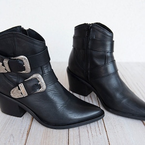 Vintage Black Leather Western Ankle Booties