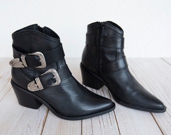 Vintage Black Leather Western Ankle Booties