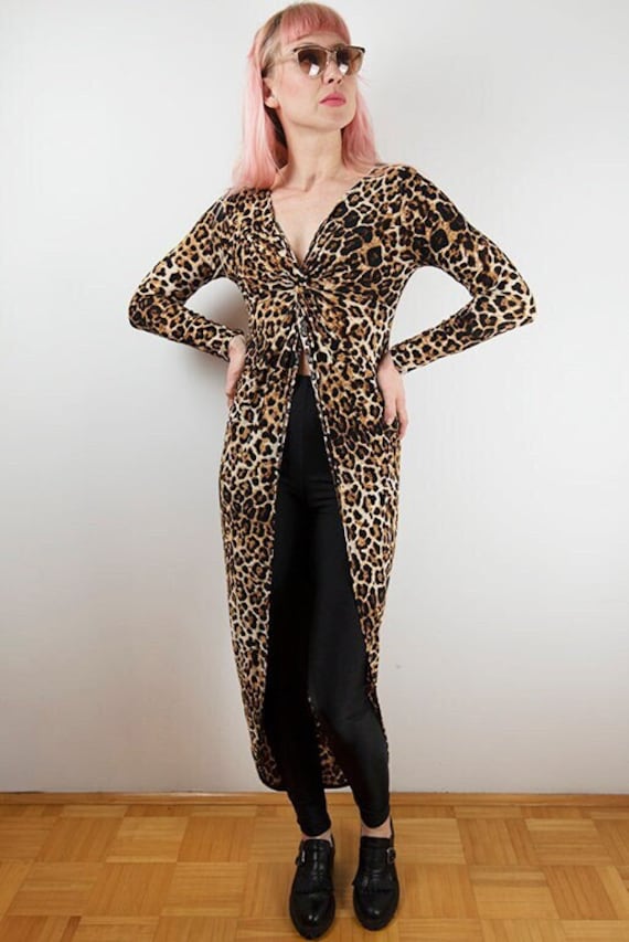 Vintage CLEO Leopard Print Knot Bust Open Front Fishtail Dress 