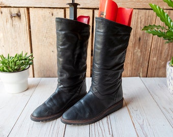 Vintage Salamander Black Leather Winter Pull On Flat Pirate Boots