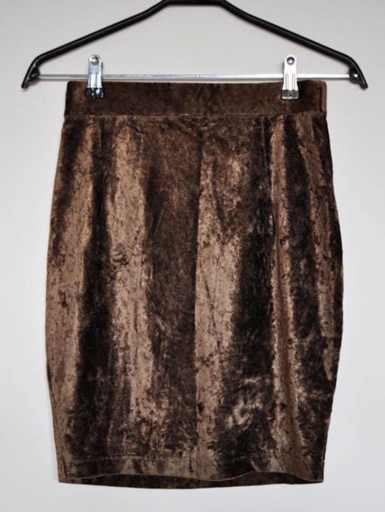 Vintage Stretchy High Waist Brown Crushed Velvet Mini Pencil Skirt image 4