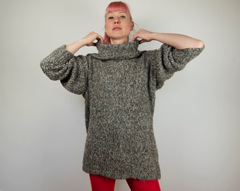 Vintage Grey Chunky Knit Turtleneck Oversized Pullover Sweater