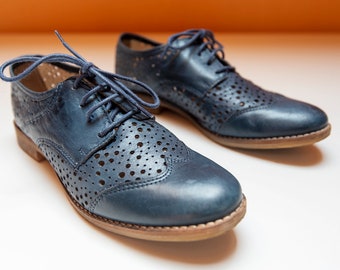 Vintage Teal Perforated Leather Oxford Shoes