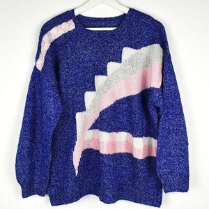 Vintage Blue Handknit Abstract Pattern Pullover Sweater