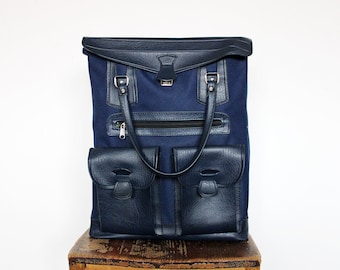 Vintage Navy Faux Leather and Canvas Retro Luggage Vegan Travel Bag