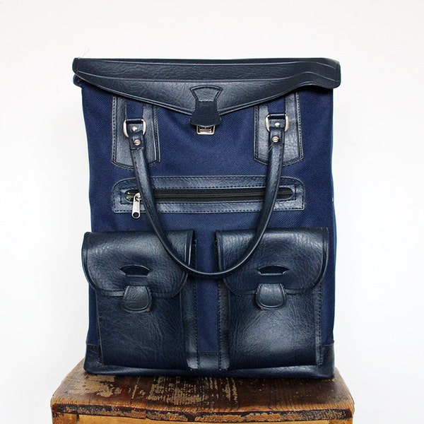 Vintage Navy Faux Leather and Canvas Retro Luggage Vegan Travel Bag