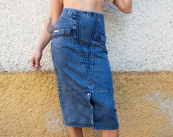 Vintage Blue Denim Midi Pencil Skirt