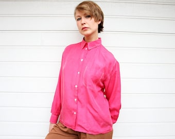 Vintage Hot Pink Long Sleeve Silk Button Up Blouse