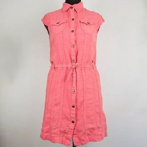 Vintage Peach Linen Snap Button Front Cap Sleeve Mini Shirtdress