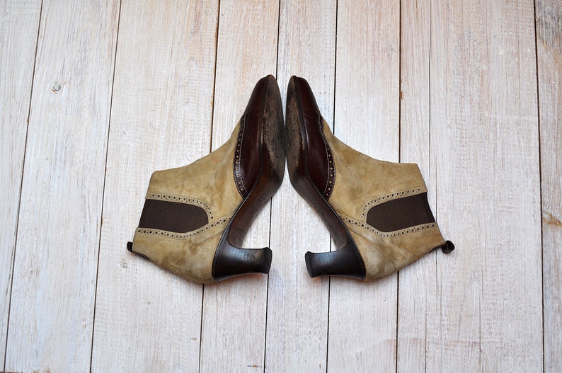 Vintage Two Tone Leather and Suede Wingtip Oxfords Western Ankle Booties
