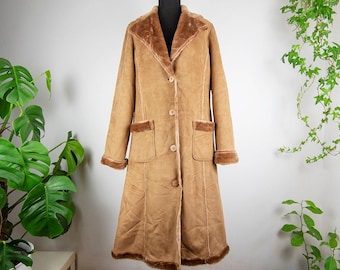 Vintage Camel Brown Faux Shearling Long Coat