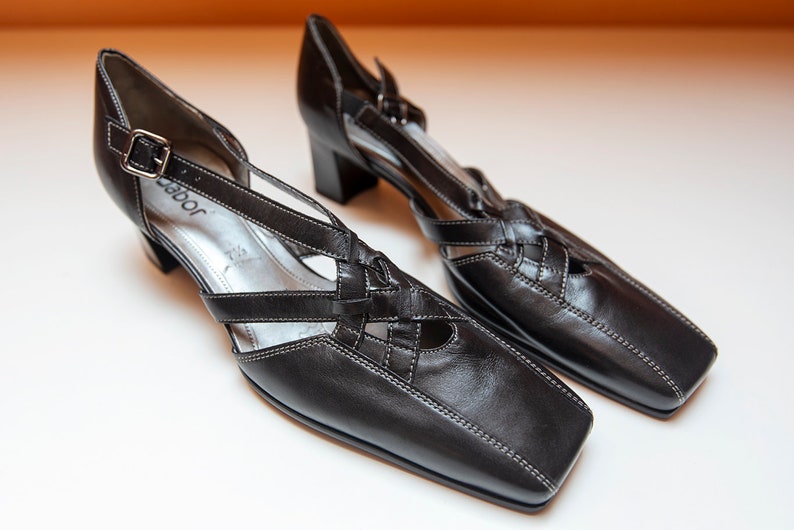 Vintage Gabor Black Leather Pumps Buckle Block Heel Classic Shoes 4.5