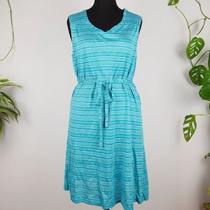 Vintage Türkis gestreiftes Ärmelloses Midi Kleid