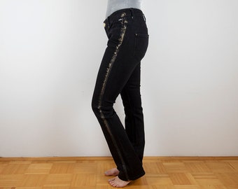 Vintage Black Denim Pants with Gold Paint Side Leg Stripes