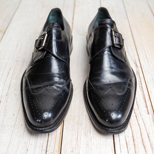 Vintage Mens Classic Black Leather Wingtip Dress Buckle Oxford Shoes image 2