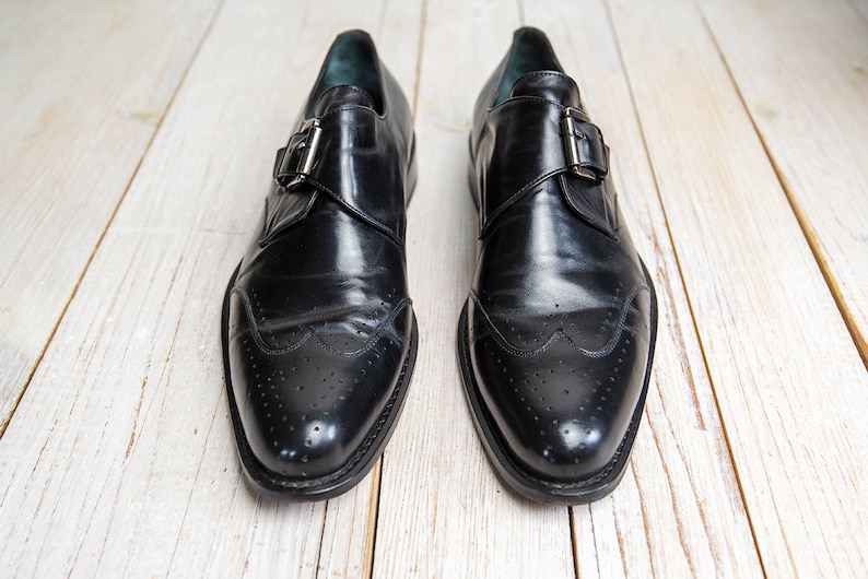 Vintage Mens Classic Black Leather Wingtip Dress Buckle Oxford Shoes image 2