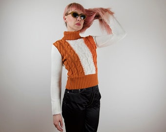 Vintage Orange and White Cable Knit Turtleneck Sweater