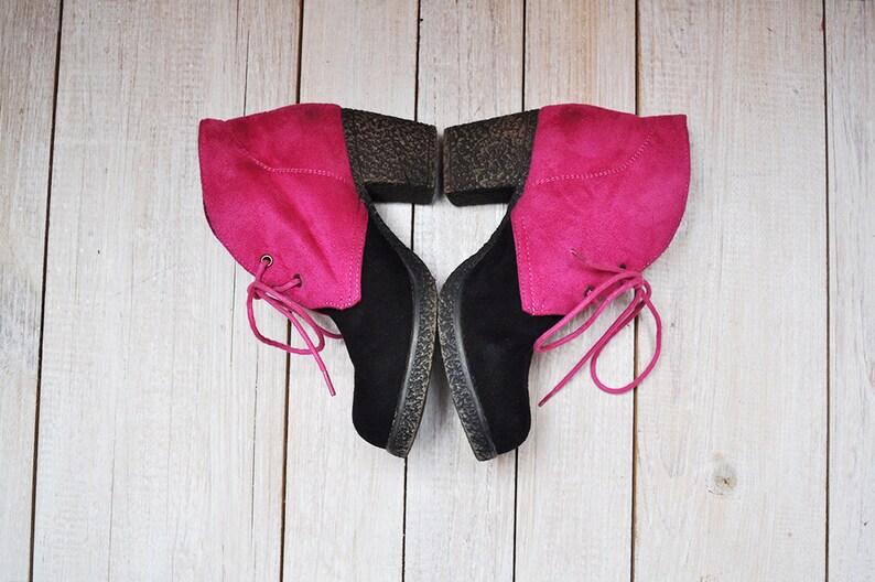 Vintage Pink and Black Faux Suede Colorblock Chunky Heel Lace Up Ankle Booties by Platino
