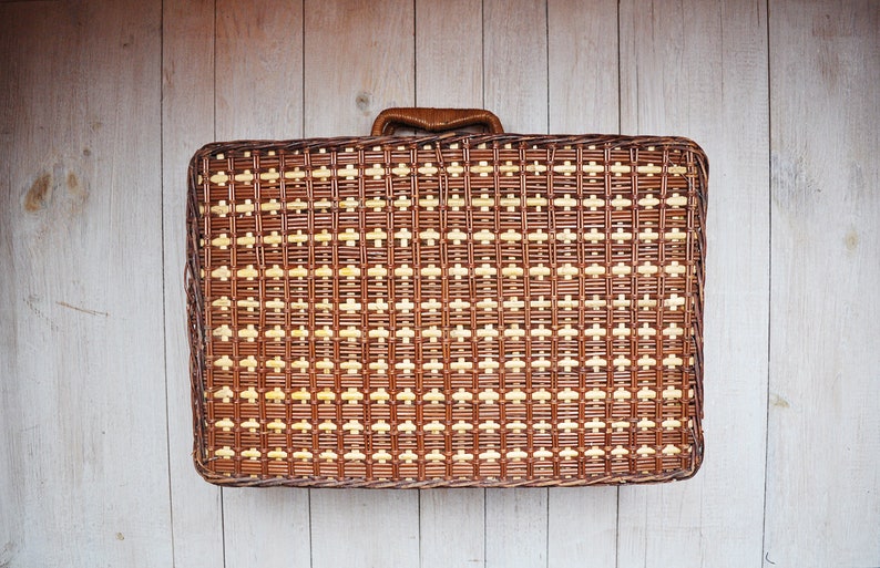 Vintage Two Tone Brown Woven Wicker Picnic Basket