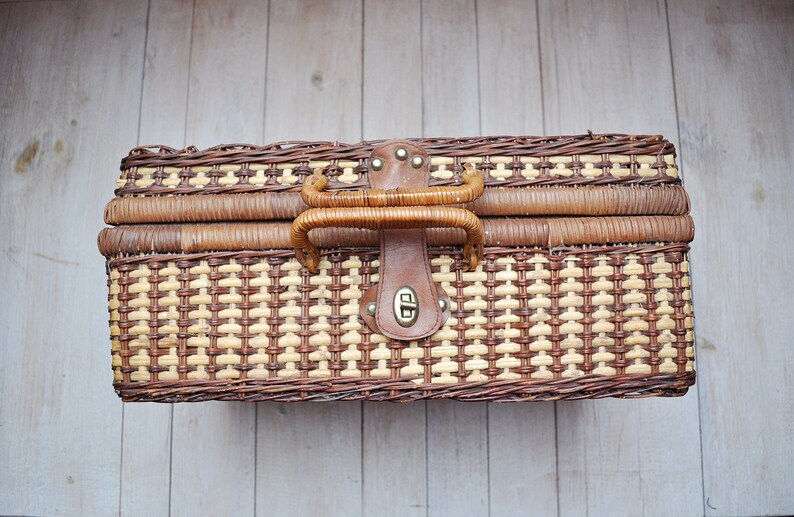 Vintage Two Tone Brown Woven Wicker Picnic Basket