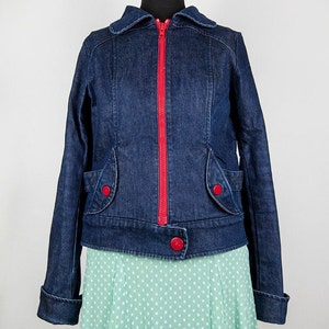 Vintage Dark Blue Denim Red Zipper Jacket