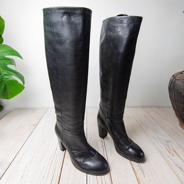 Vintage Black Leather Tall Pull On High Heel Boots