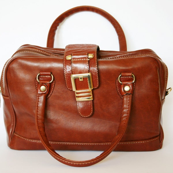 Vintage Cognac Brown Vinyl Carry On Weekender Bag