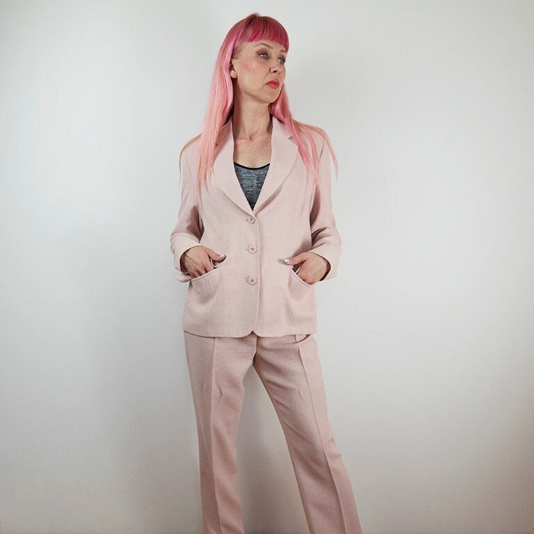 Light Pink Womens Suit 3 Pc Pastel Pink Satin Pant Suit High