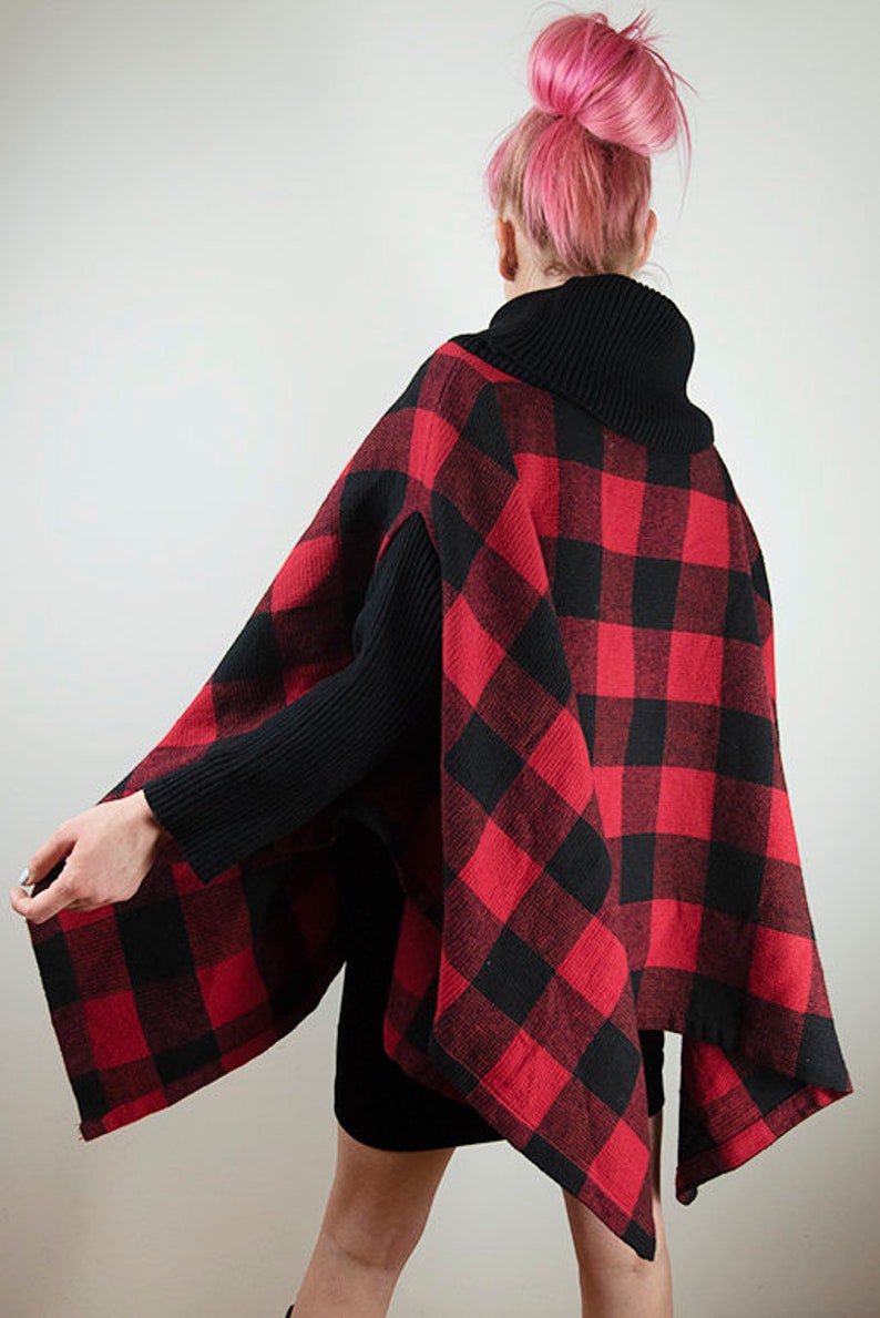 Vintage Red Buffalo Plaid Poncho Jacket image 10