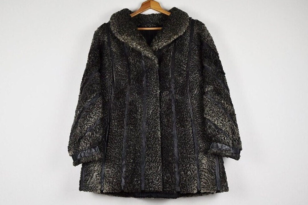 Vintage Grey Curly Genuine Lamb Fur and Leather Stripes Winter