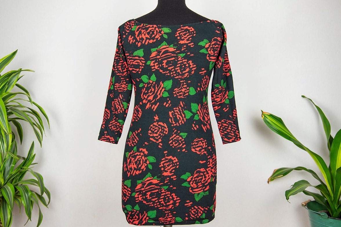 Black Red Roses Print Long Sleeve Body Con Mini Dress - Etsy