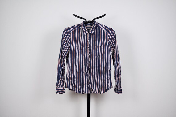 Vintage Cacharel Navy Blue Striped Crinkled Button