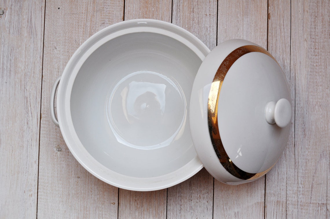 Vintage White and Gold Ceramic Soup Serving Bowl With Lid Etsy Ireland