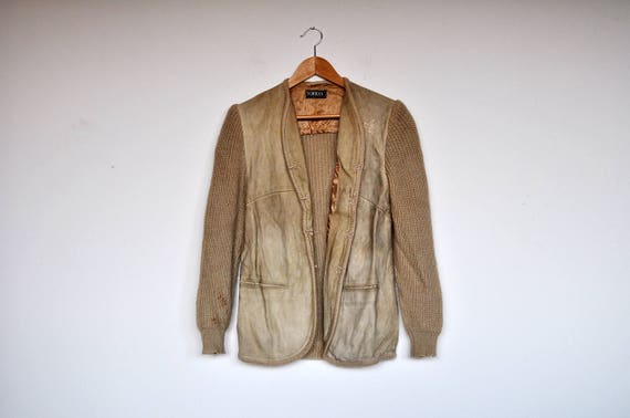Vintage Tan Suede and Knit Wool Cardigan Jacket