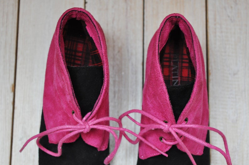 Vintage Pink and Black Faux Suede Colorblock Chunky Heel Lace Up Ankle Booties by Platino