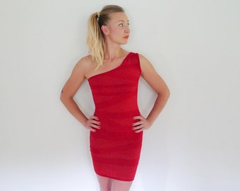 Vintage Metallic Red Striped Knit Single Shoulder Strap Body Con Mini Dress