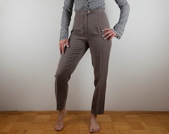 Vintage Taupe Tiny Herringbone Pattern Preppy Cigarette Pants