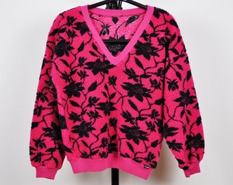 Vintage Magenta Pink und Schwarz Floral Fuzzy Pullover Pullover