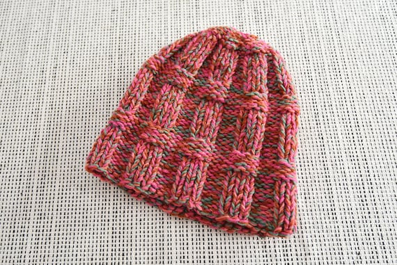 Pink Multicolor Multiyarn Thick Hand Knit Beanie H